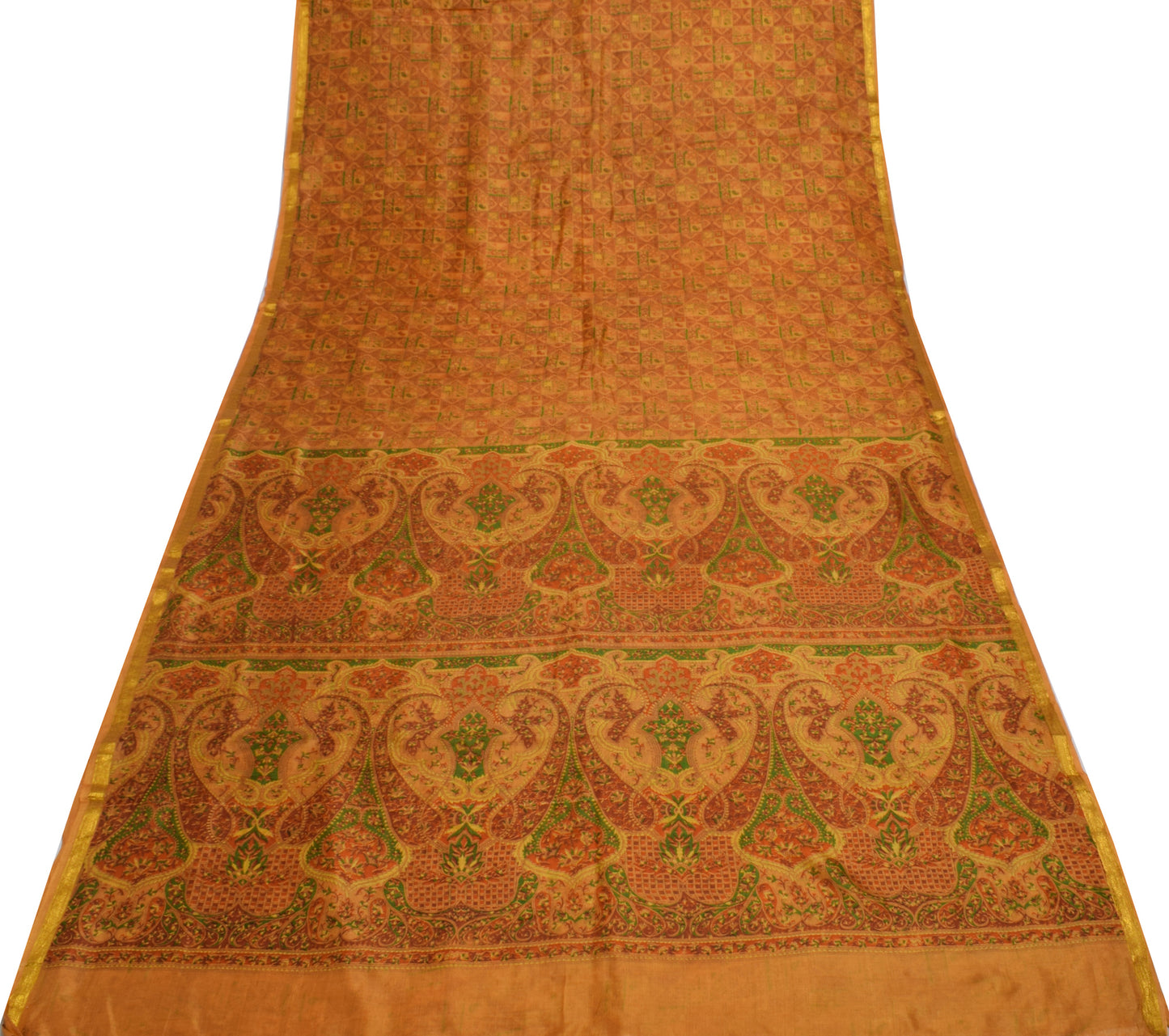 Sushila Vintage Mustard Saree 100% Pure Silk Printed Soft 5 Yard Craft Fabric