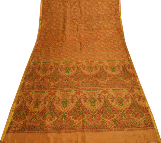 Sushila Vintage Mustard Saree 100% Pure Silk Printed Soft 5 Yard Craft Fabric