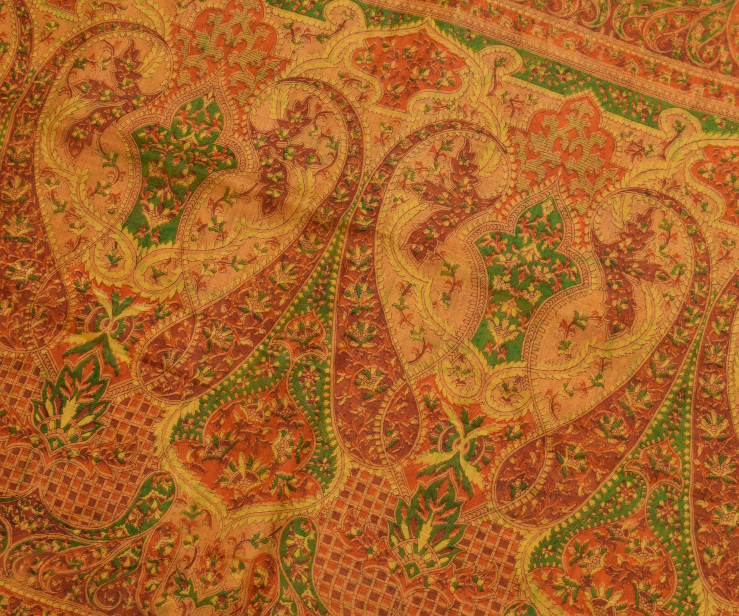 Sushila Vintage Mustard Saree 100% Pure Silk Printed Soft 5 Yard Craft Fabric
