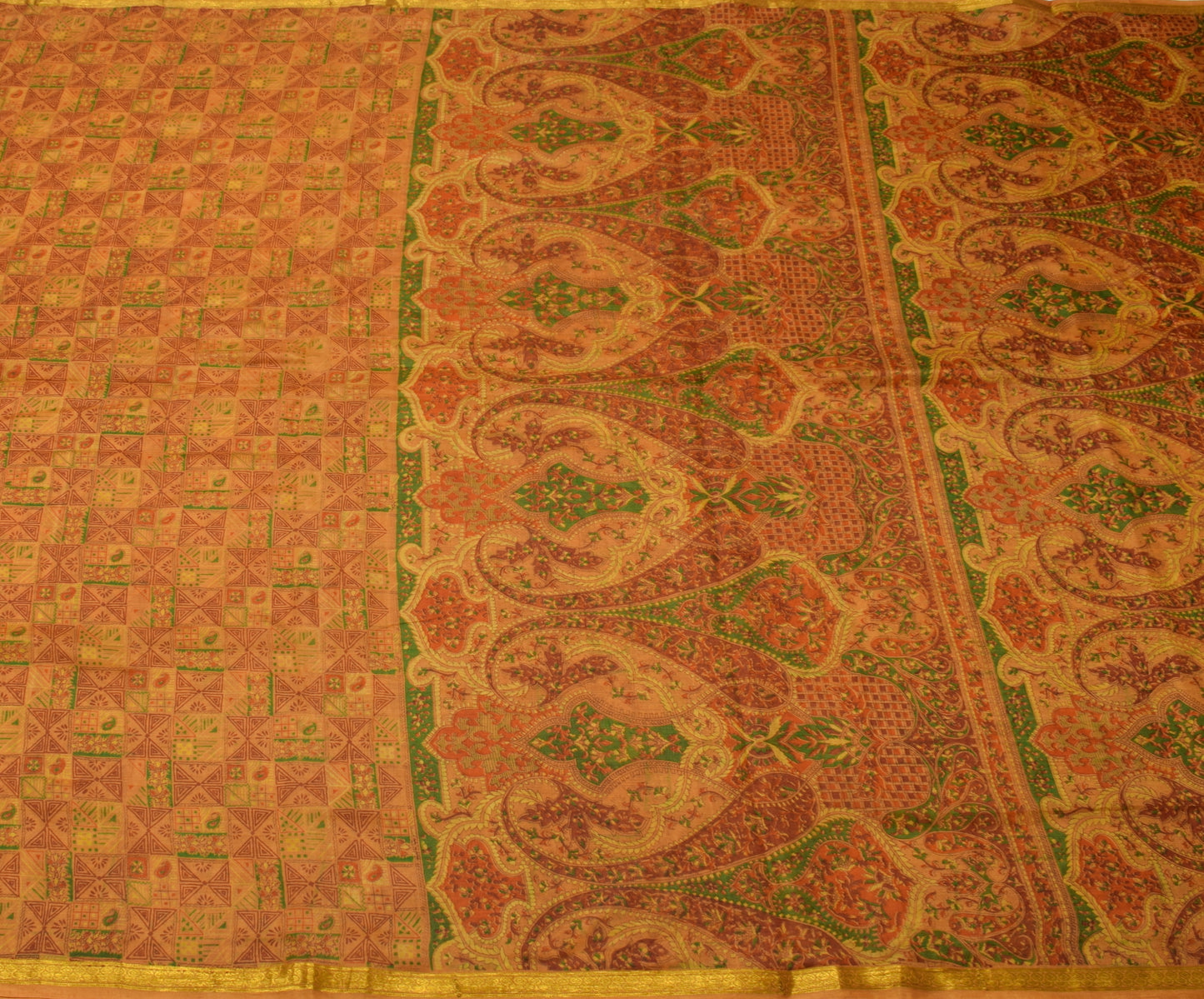Sushila Vintage Mustard Saree 100% Pure Silk Printed Soft 5 Yard Craft Fabric