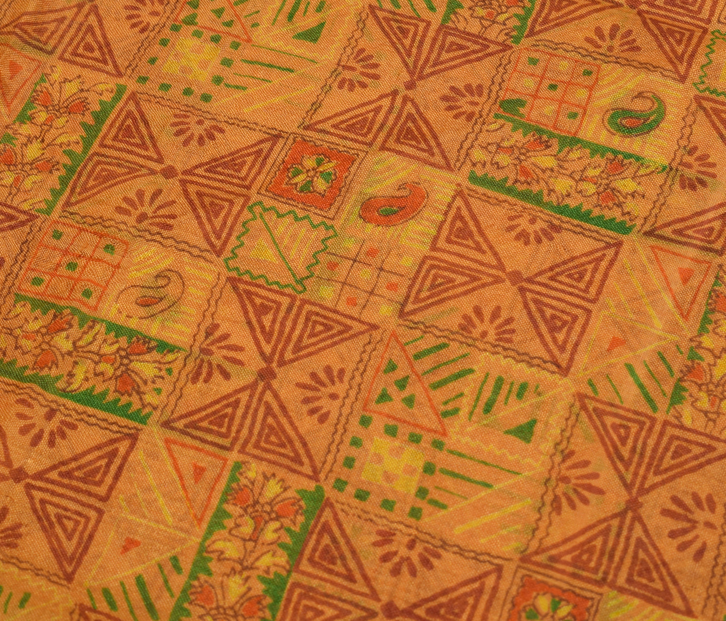 Sushila Vintage Mustard Saree 100% Pure Silk Printed Soft 5 Yard Craft Fabric