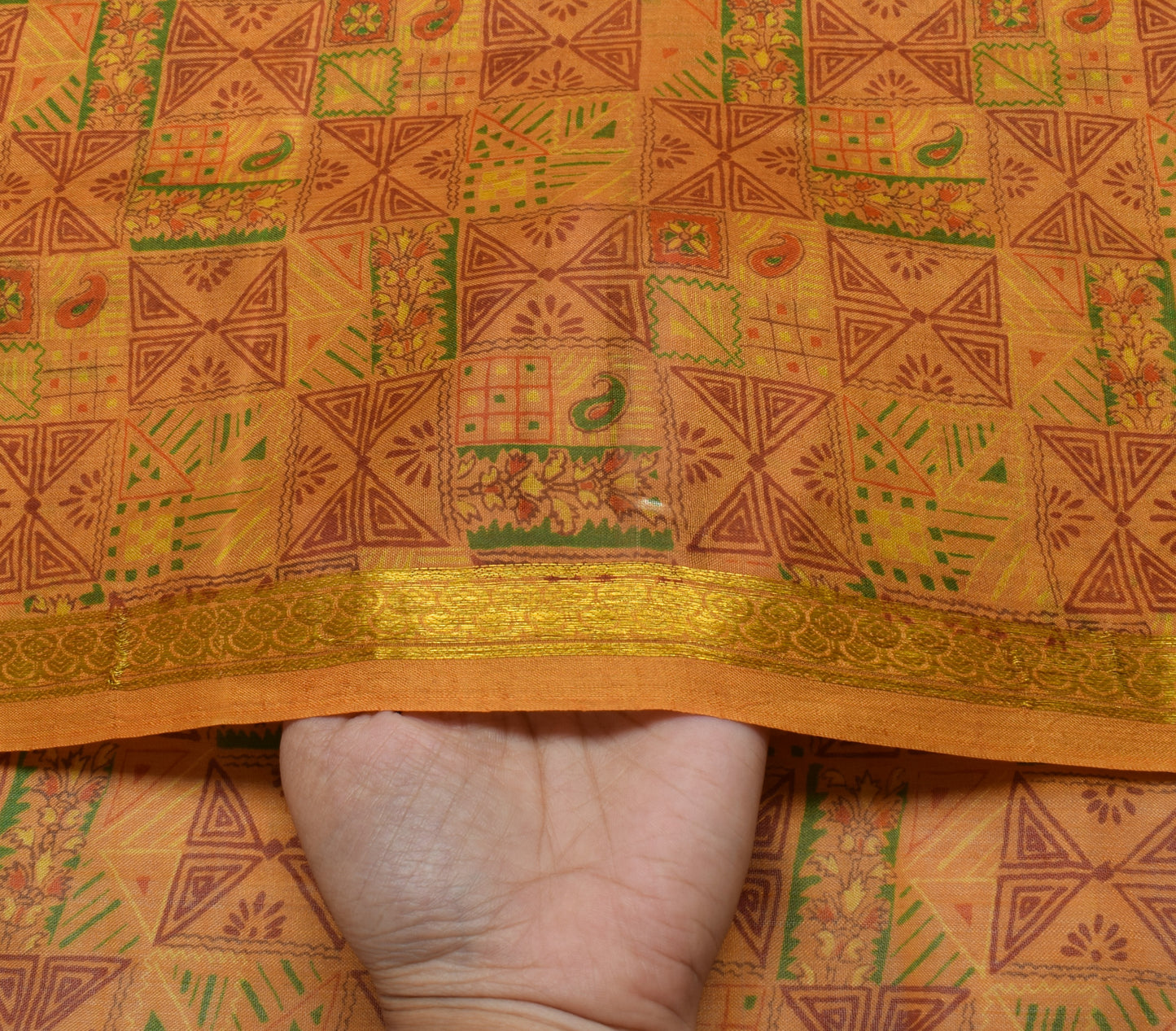 Sushila Vintage Mustard Saree 100% Pure Silk Printed Soft 5 Yard Craft Fabric