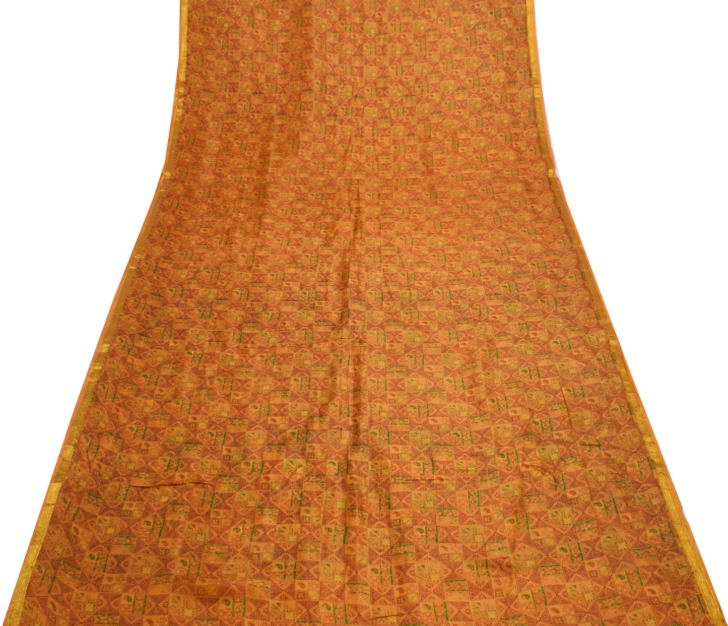 Sushila Vintage Mustard Saree 100% Pure Silk Printed Soft 5 Yard Craft Fabric