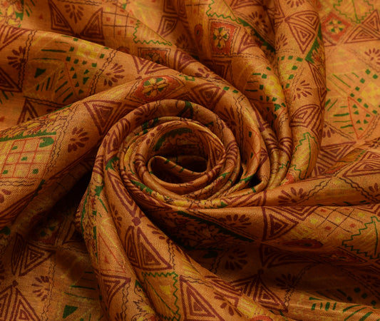 Sushila Vintage Mustard Saree 100% Pure Silk Printed Soft 5 Yard Craft Fabric
