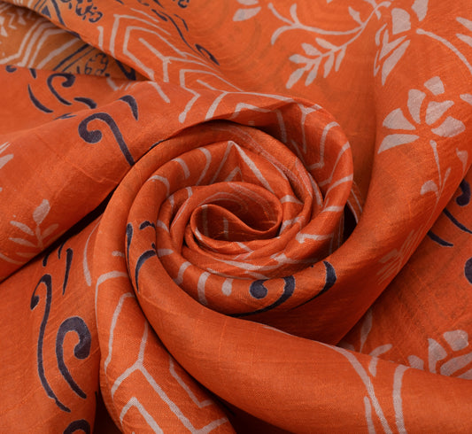 Sushila Vintage Orange Indian Saree 100% Pure Silk Printed 5 Yard Craft Fabric