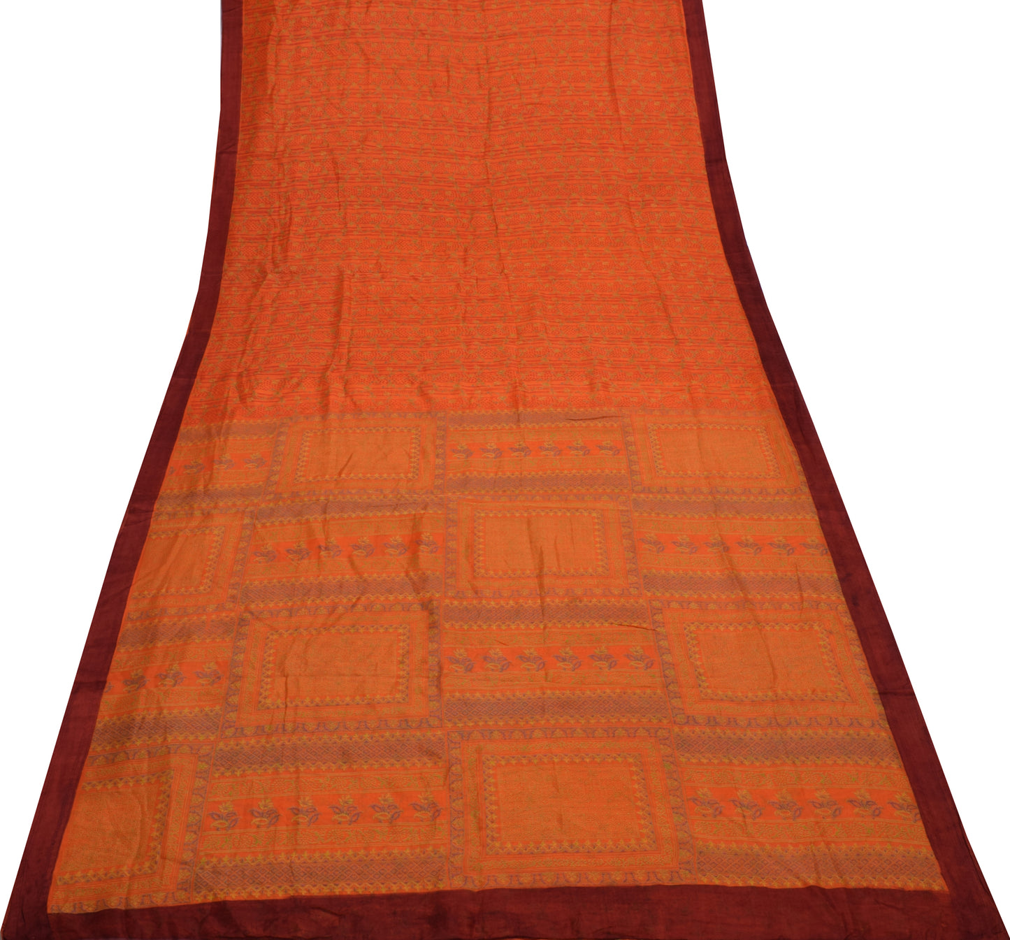 Sushila Vintage Orange Saree 100% Pure Silk Printed Floral Soft Craft Fabric
