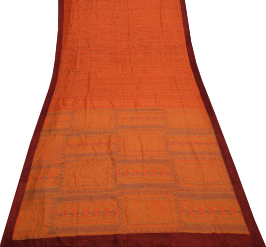 Sushila Vintage Orange Saree 100% Pure Silk Printed Floral Soft Craft Fabric