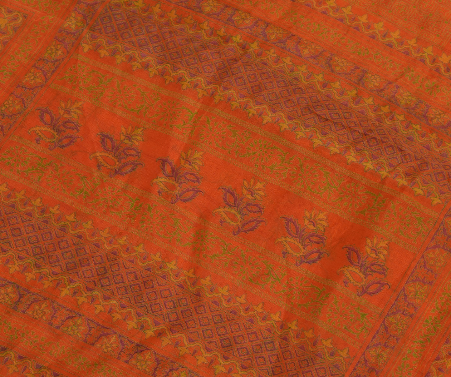 Sushila Vintage Orange Saree 100% Pure Silk Printed Floral Soft Craft Fabric