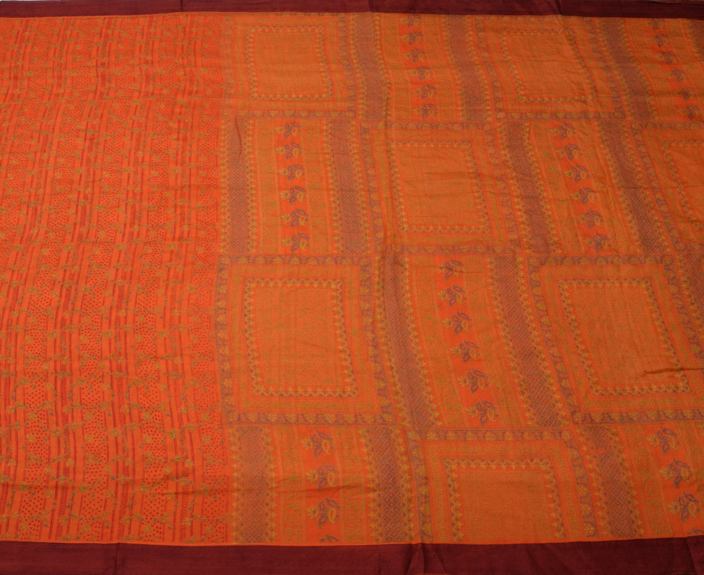Sushila Vintage Orange Saree 100% Pure Silk Printed Floral Soft Craft Fabric