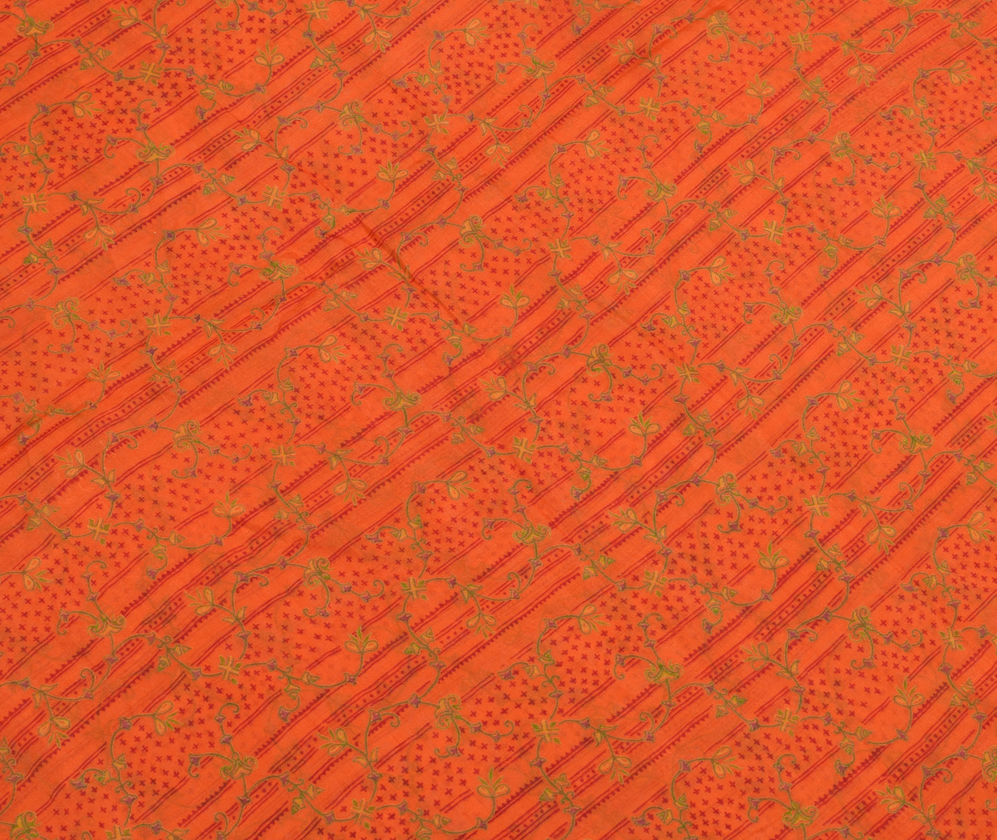 Sushila Vintage Orange Saree 100% Pure Silk Printed Floral Soft Craft Fabric