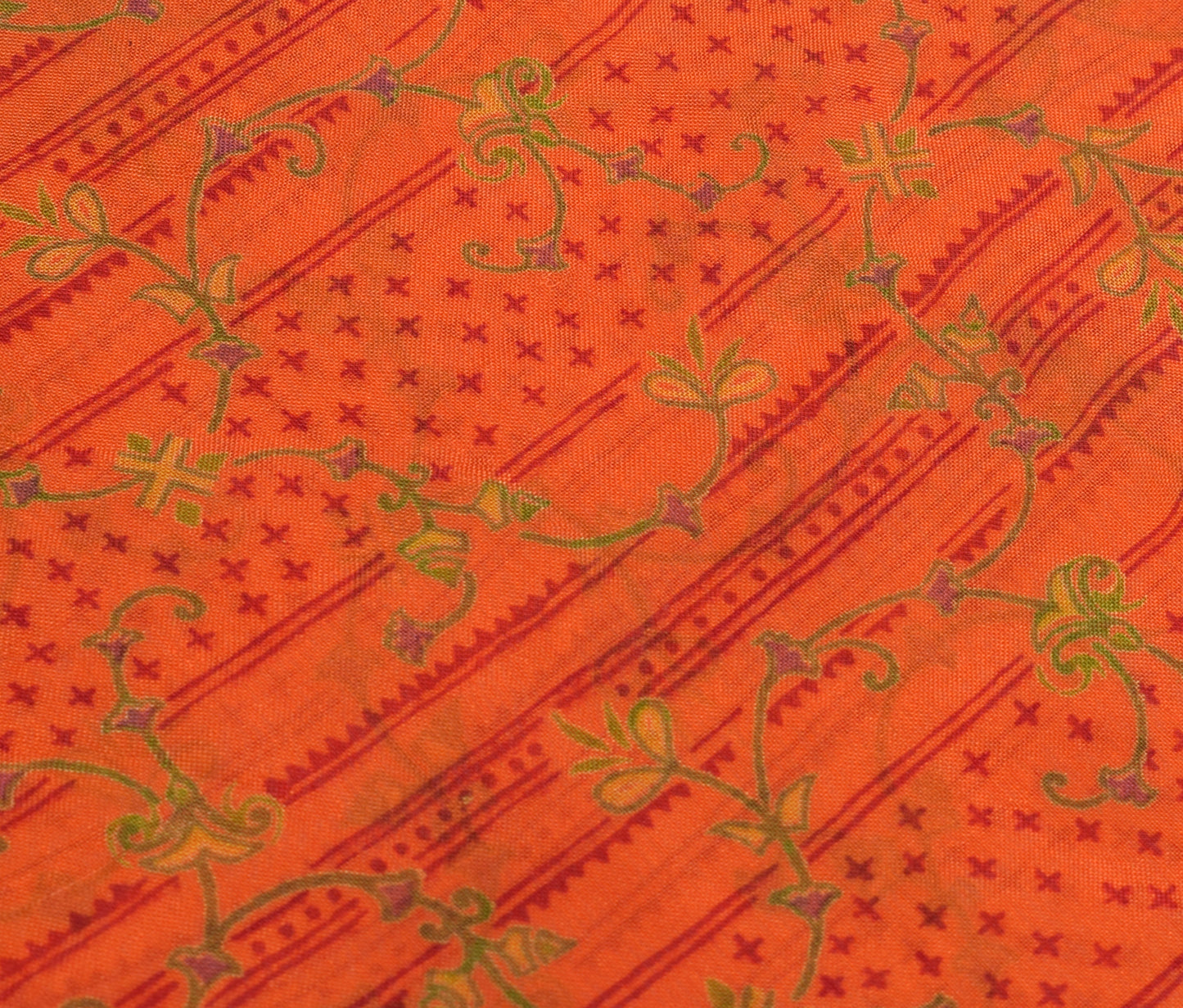 Sushila Vintage Orange Saree 100% Pure Silk Printed Floral Soft Craft Fabric