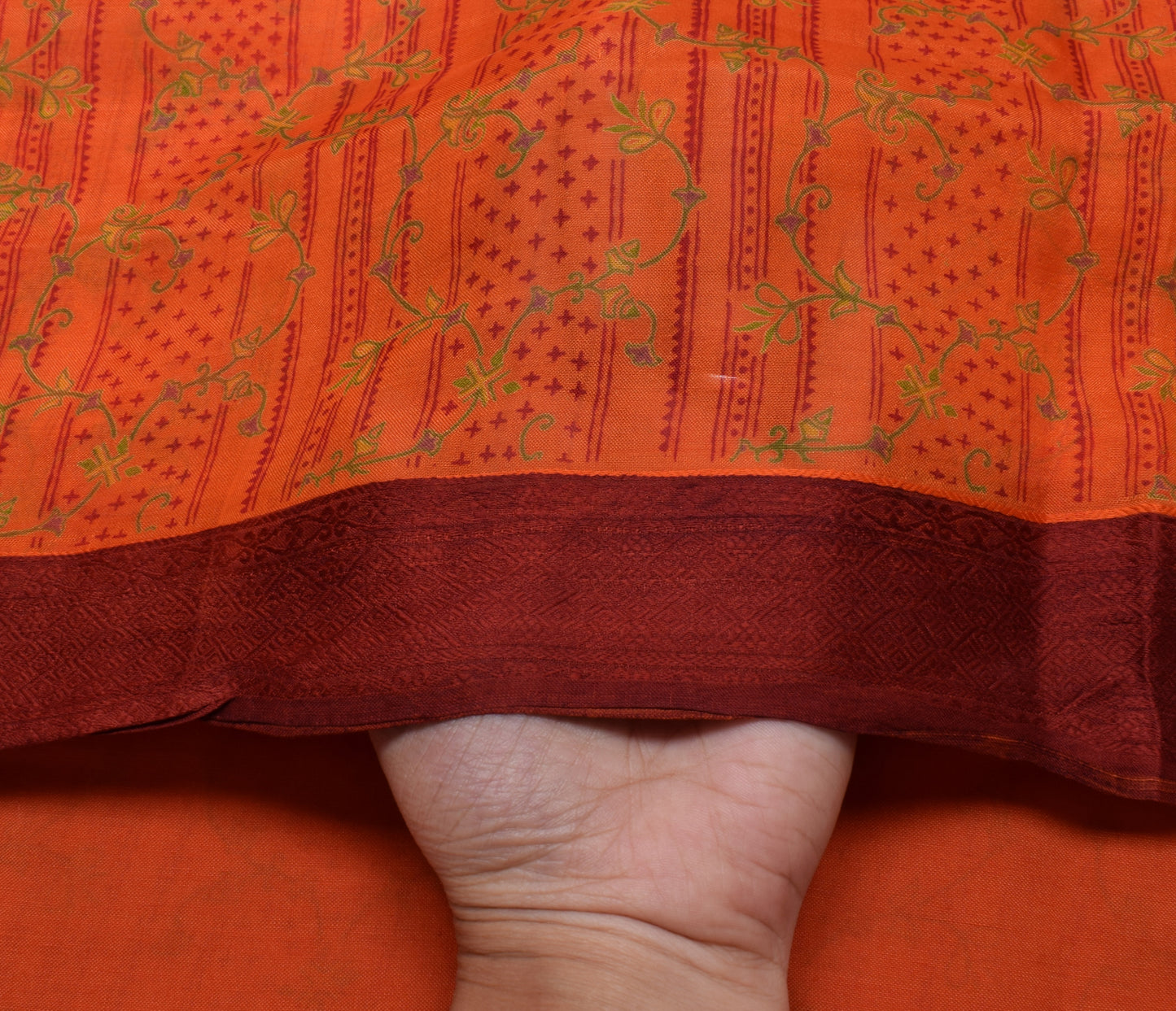 Sushila Vintage Orange Saree 100% Pure Silk Printed Floral Soft Craft Fabric