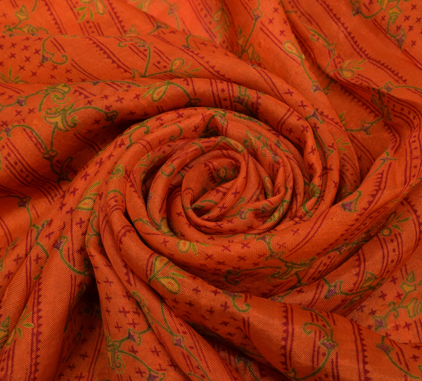 Sushila Vintage Orange Saree 100% Pure Silk Printed Floral Soft Craft Fabric