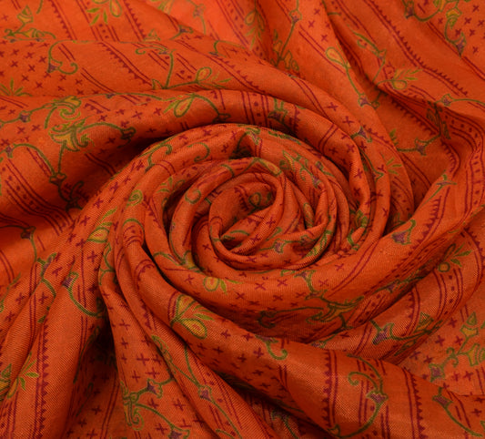 Sushila Vintage Orange Saree 100% Pure Silk Printed Floral Soft Craft Fabric