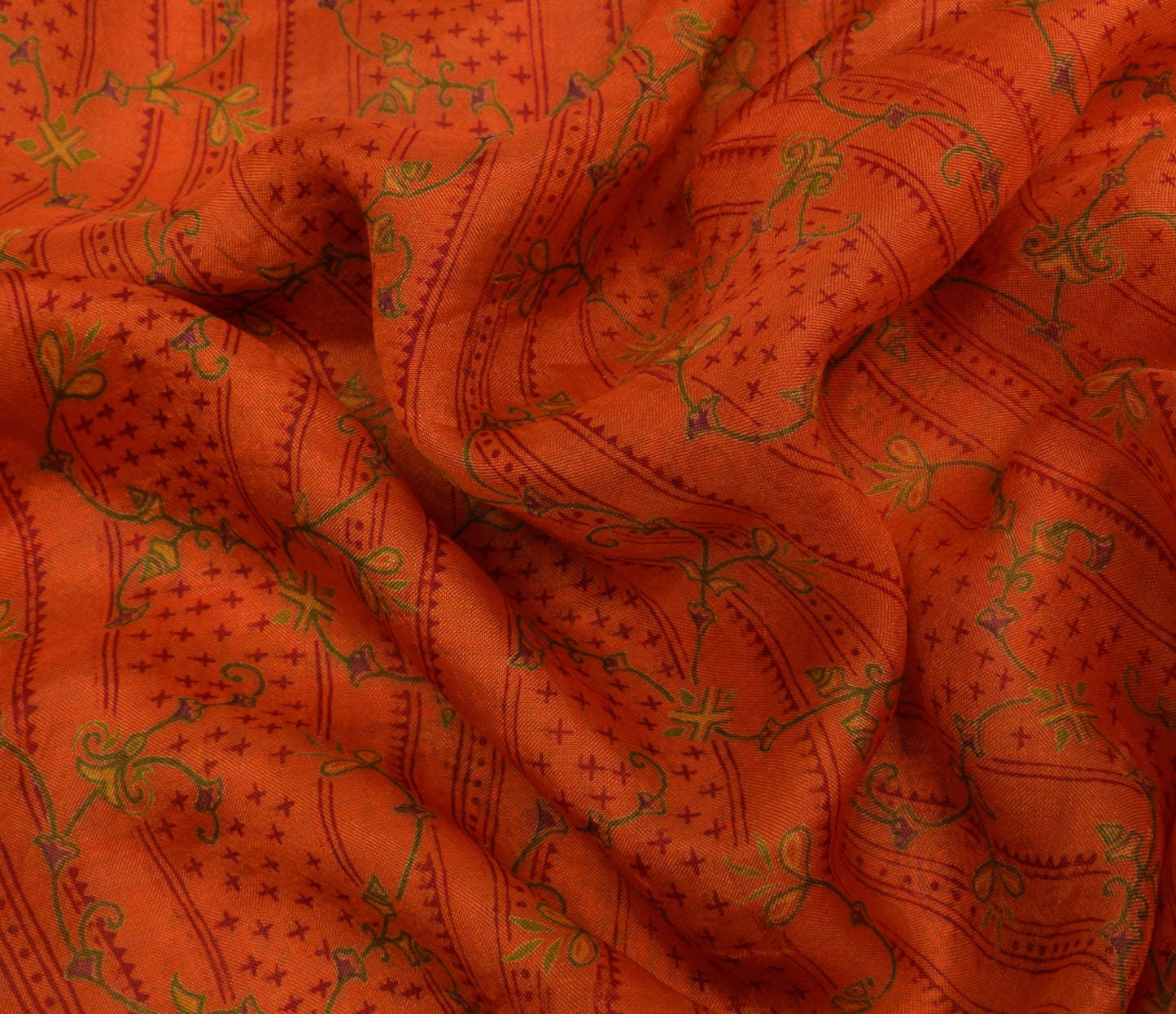 Sushila Vintage Orange Saree 100% Pure Silk Printed Floral Soft Craft Fabric