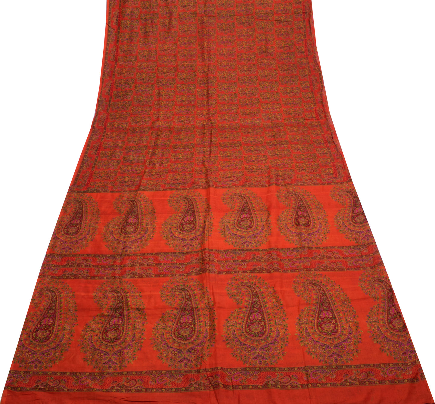 Sushila Vintage Dark Orange Saree Pure Silk Printed Floral Soft Craft Fabric
