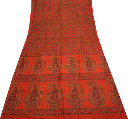 Sushila Vintage Dark Orange Saree Pure Silk Printed Floral Soft Craft Fabric