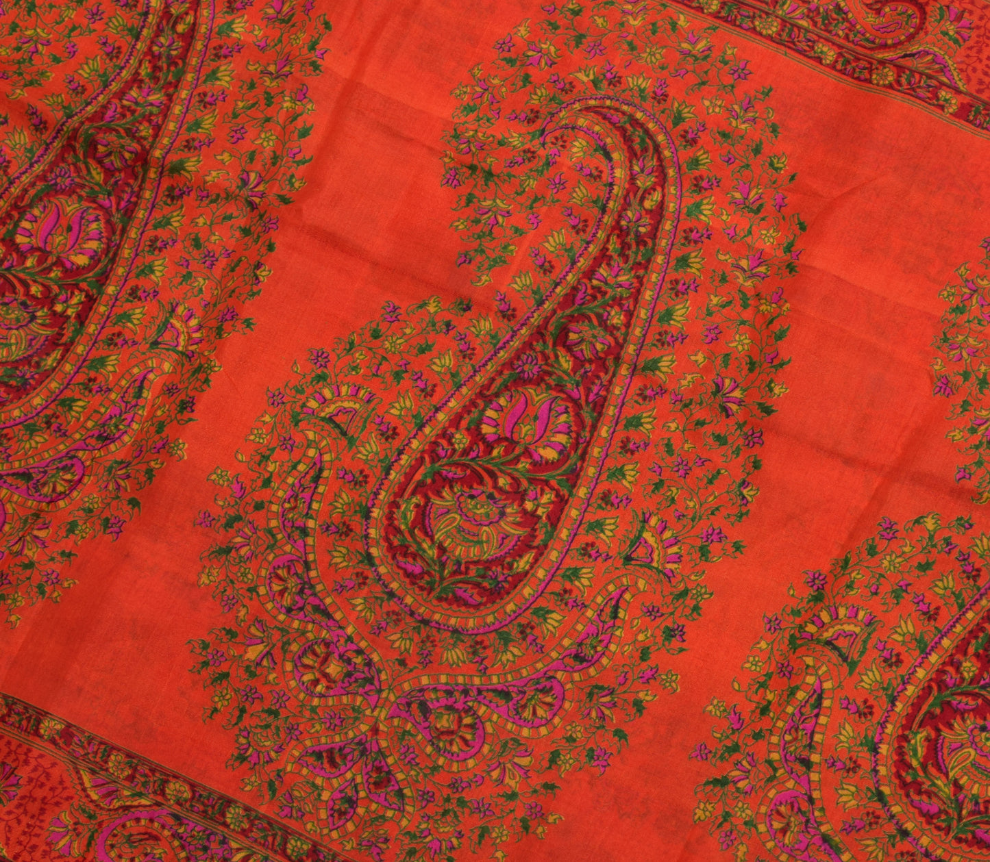 Sushila Vintage Dark Orange Saree Pure Silk Printed Floral Soft Craft Fabric