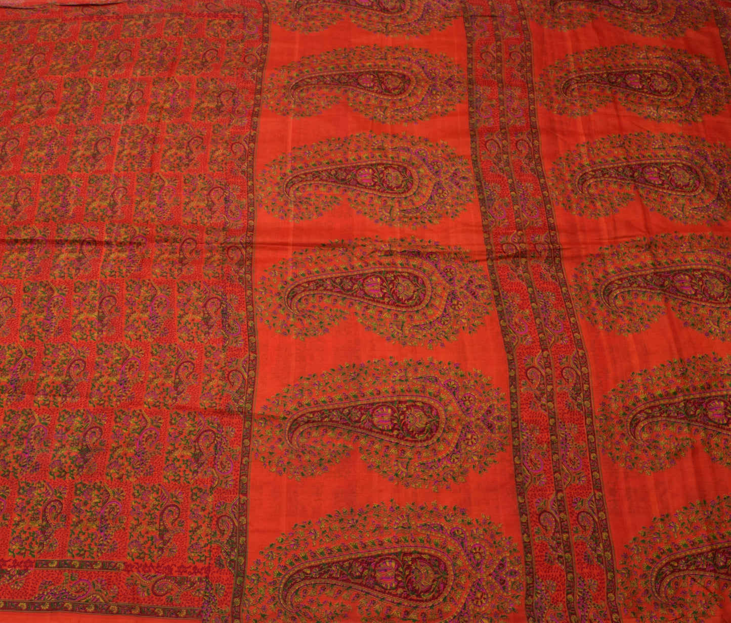 Sushila Vintage Dark Orange Saree Pure Silk Printed Floral Soft Craft Fabric