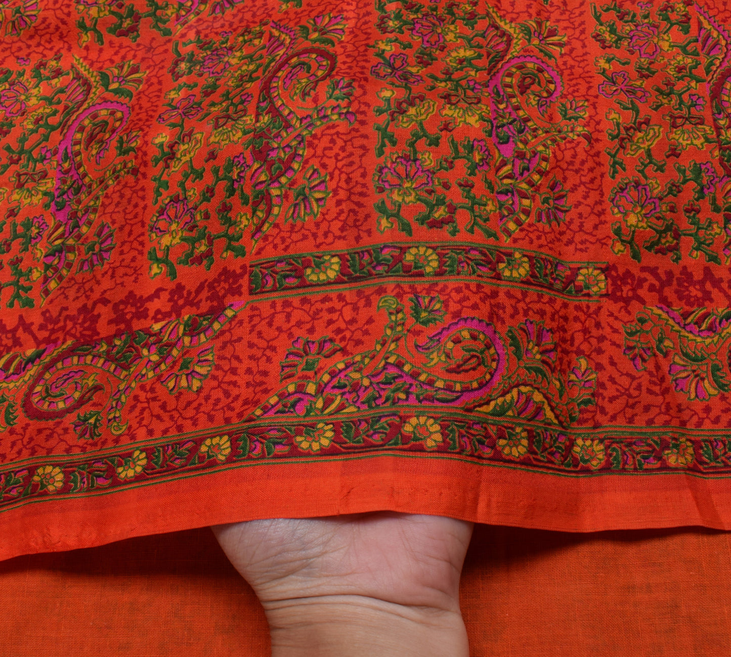Sushila Vintage Dark Orange Saree Pure Silk Printed Floral Soft Craft Fabric