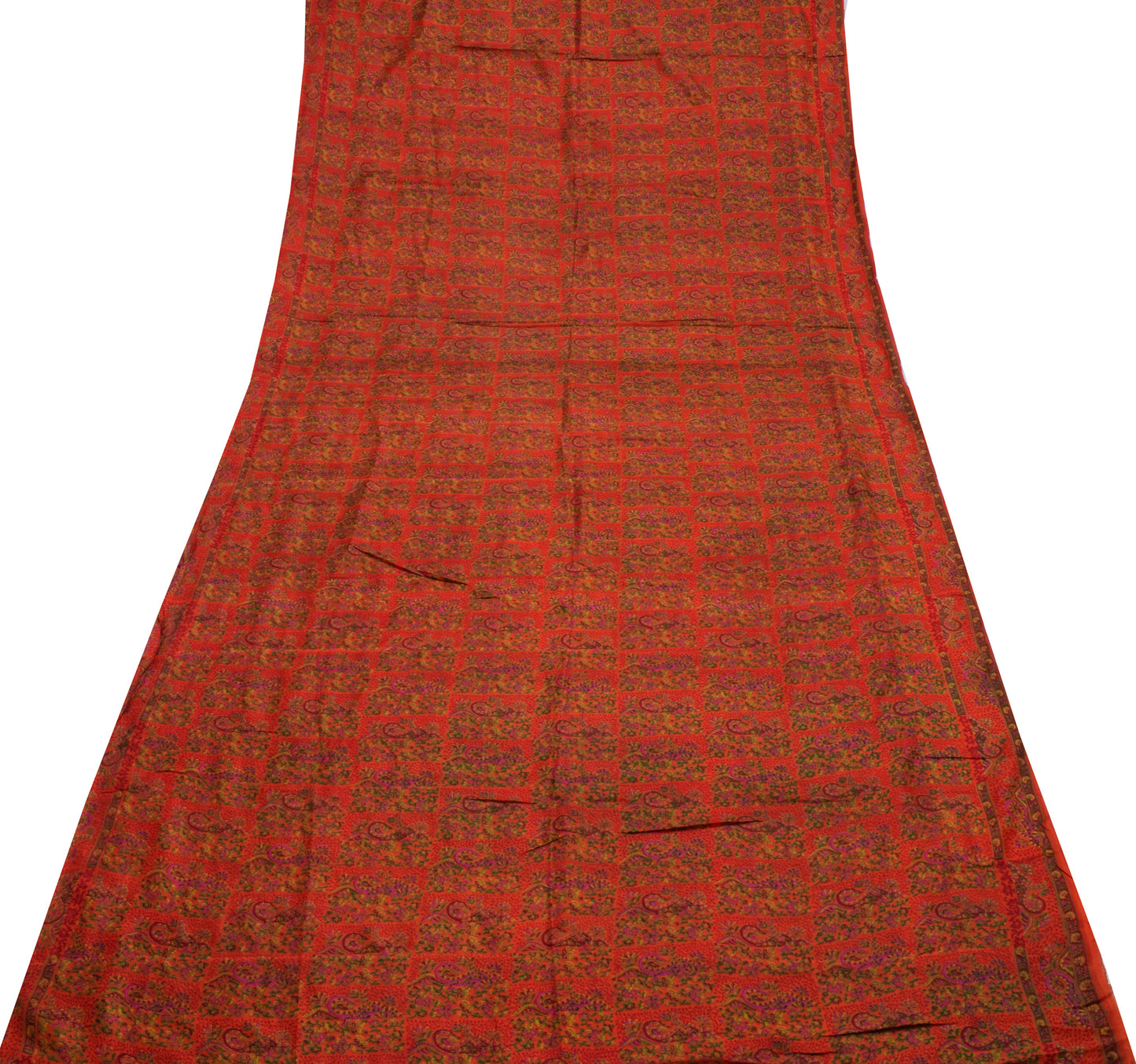 Sushila Vintage Dark Orange Saree Pure Silk Printed Floral Soft Craft Fabric