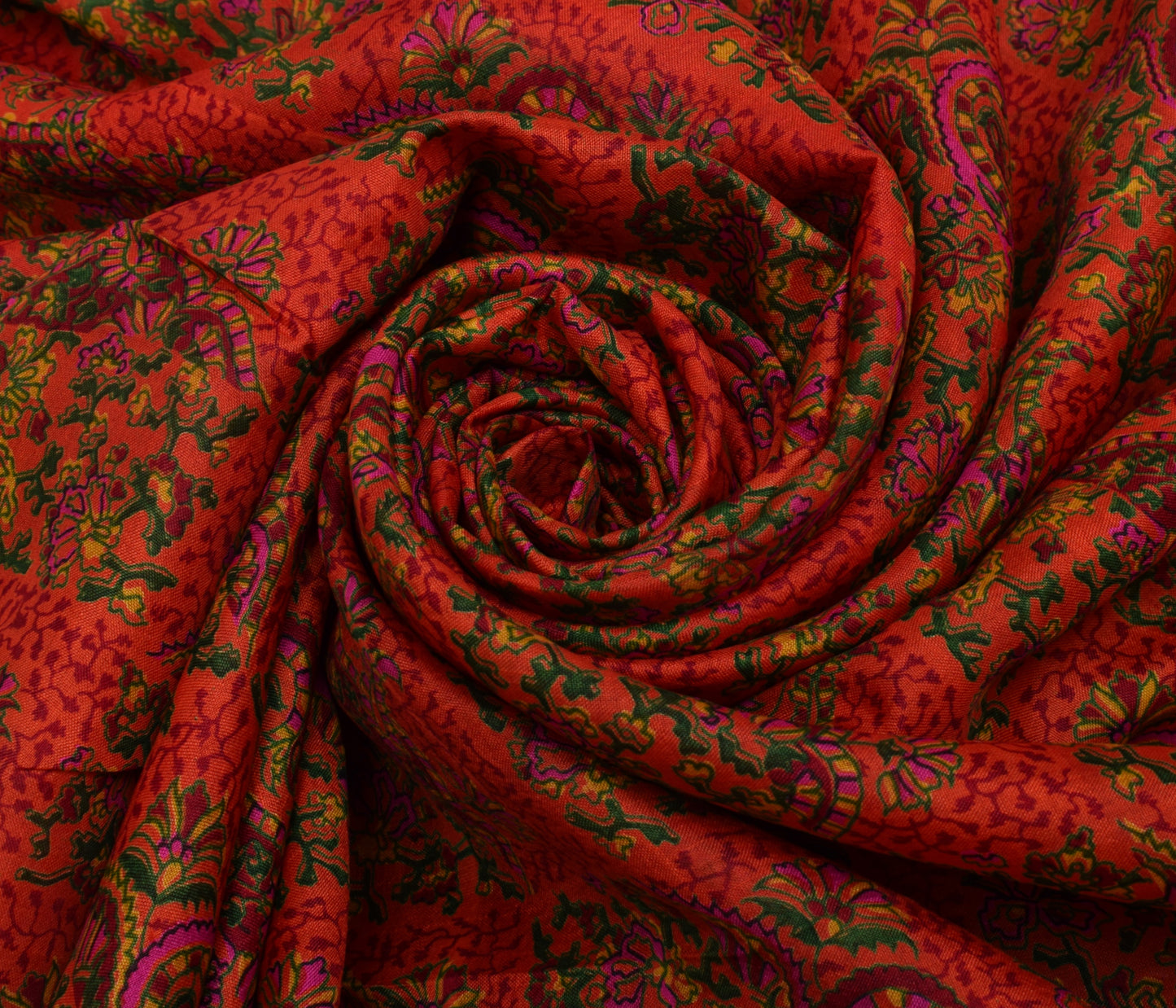 Sushila Vintage Dark Orange Saree Pure Silk Printed Floral Soft Craft Fabric
