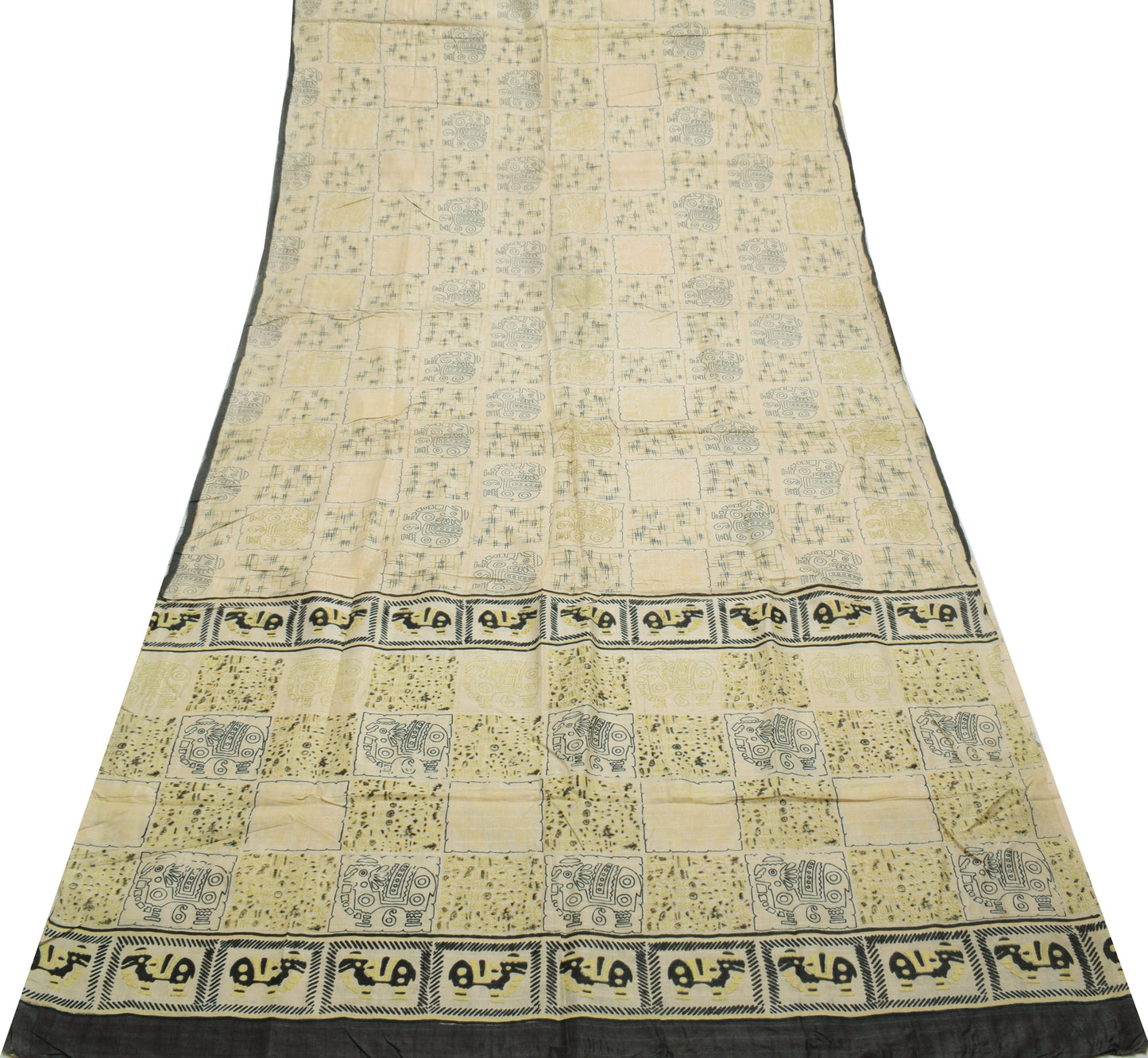 Sushila Vintage Cream Saree 100% Pure Silk Printed 5 Yard Soft Craft Fabric