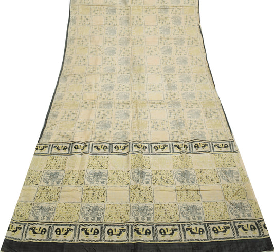 Sushila Vintage Cream Saree 100% Pure Silk Printed 5 Yard Soft Craft Fabric