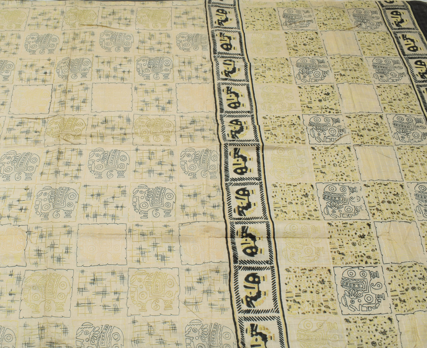 Sushila Vintage Cream Saree 100% Pure Silk Printed 5 Yard Soft Craft Fabric
