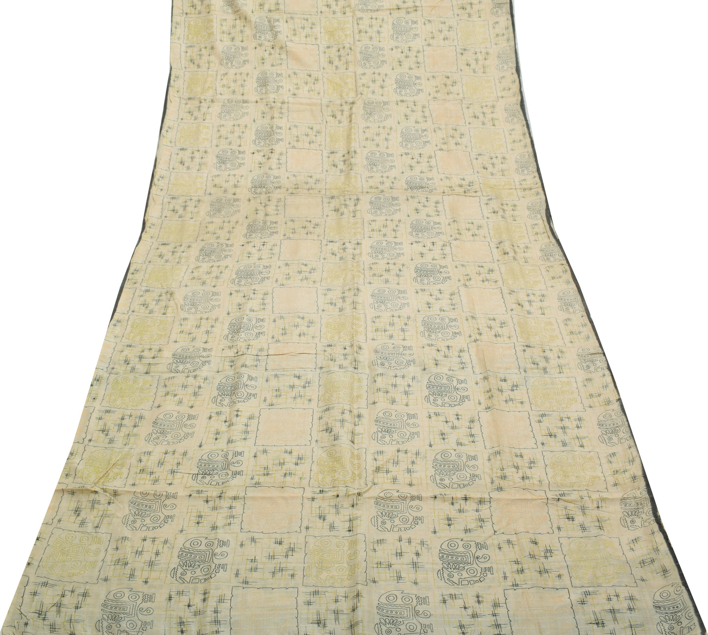 Sushila Vintage Cream Saree 100% Pure Silk Printed 5 Yard Soft Craft Fabric