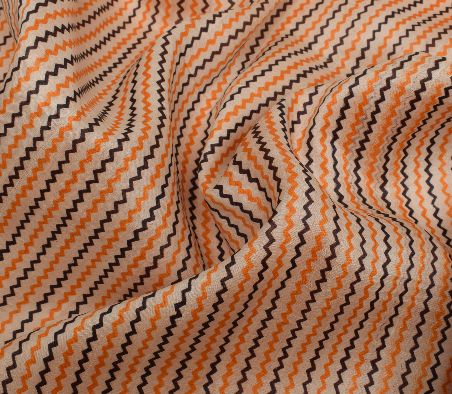 Sushila Vintage Cream Saree 100% Pure Silk Printed Zig-Zag Soft Craft Fabric