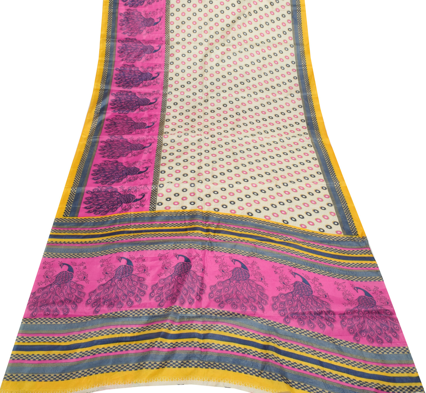 Sushila Vintage Indian Cream Saree Blend Silk Printed Craft Sari Fabric