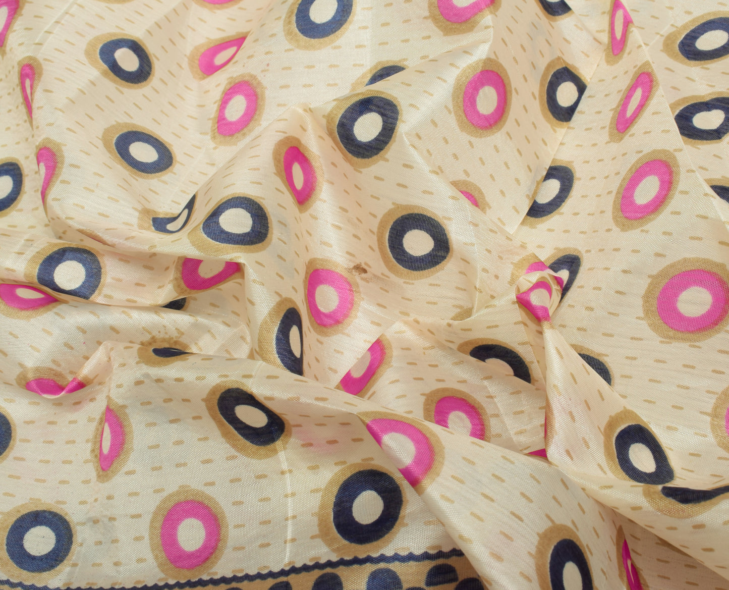 Sushila Vintage Indian Cream Saree Blend Silk Printed Craft Sari Fabric