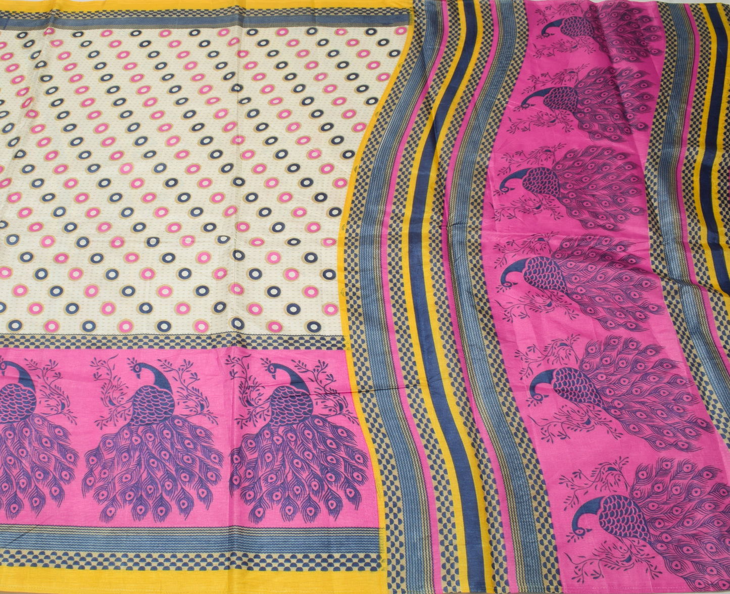 Sushila Vintage Indian Cream Saree Blend Silk Printed Craft Sari Fabric