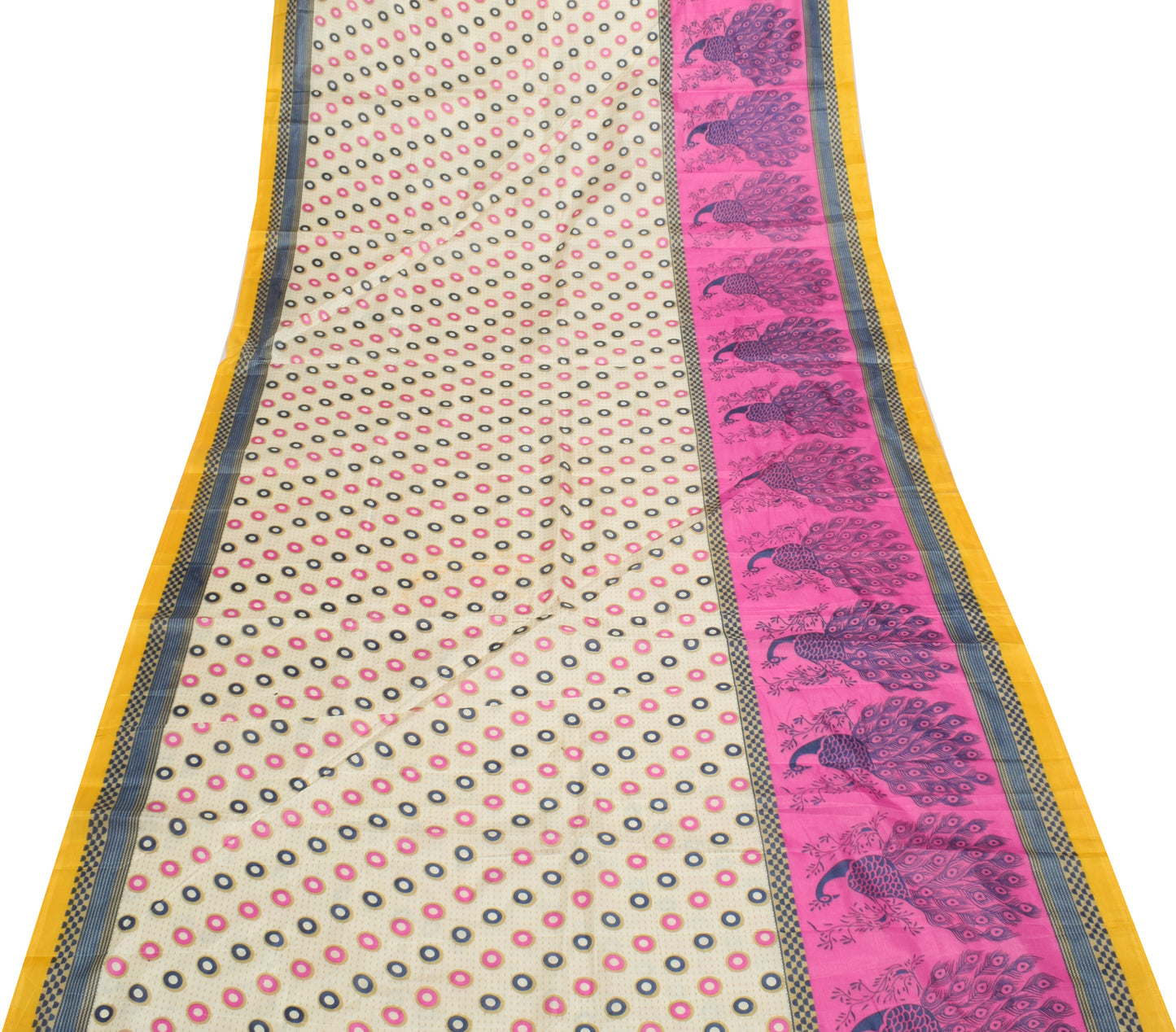 Sushila Vintage Indian Cream Saree Blend Silk Printed Craft Sari Fabric