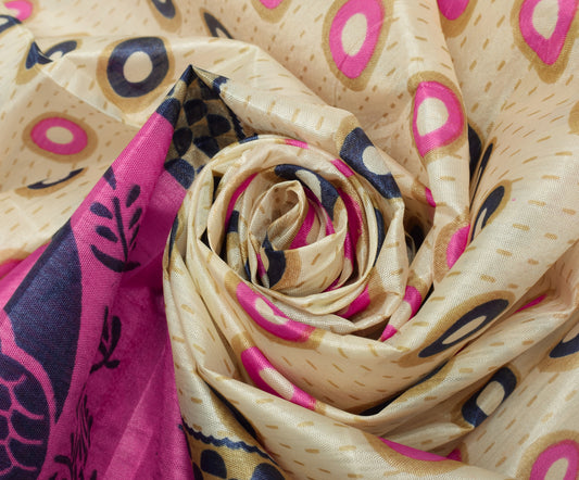 Sushila Vintage Indian Cream Saree Blend Silk Printed Craft Sari Fabric