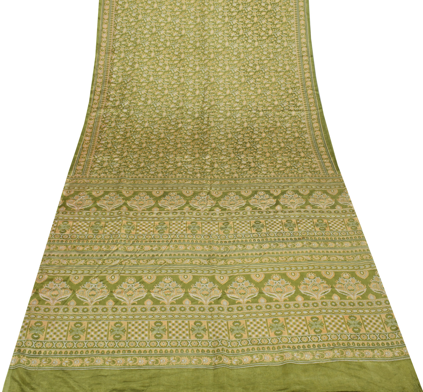 Sushila Vintage Green Saree Blend Silk Printed Floral Soft Craft 5 Yard Fabric