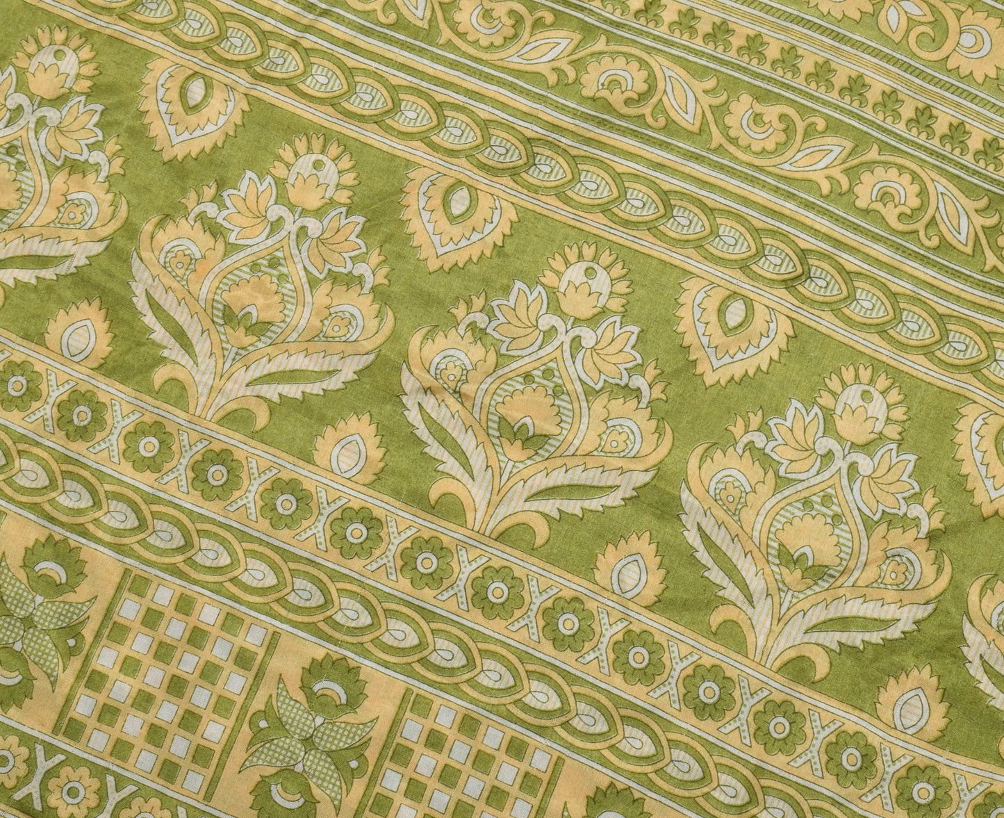 Sushila Vintage Green Saree Blend Silk Printed Floral Soft Craft 5 Yard Fabric