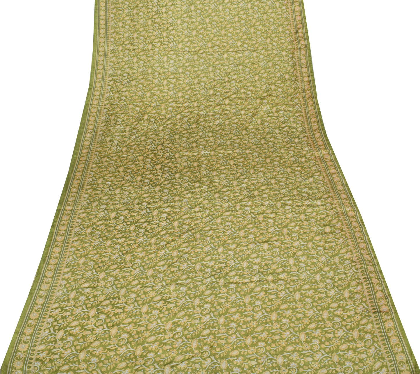 Sushila Vintage Green Saree Blend Silk Printed Floral Soft Craft 5 Yard Fabric