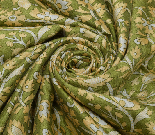 Sushila Vintage Green Saree Blend Silk Printed Floral Soft Craft 5 Yard Fabric