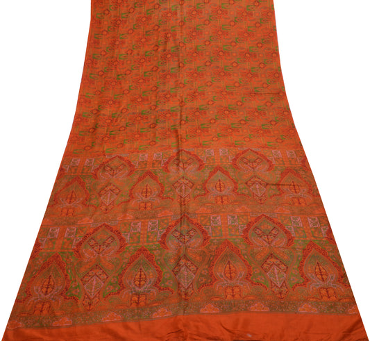 Sushila Vintage Orange Saree 100% Pure Silk Printed Floral Soft Craft Fabric