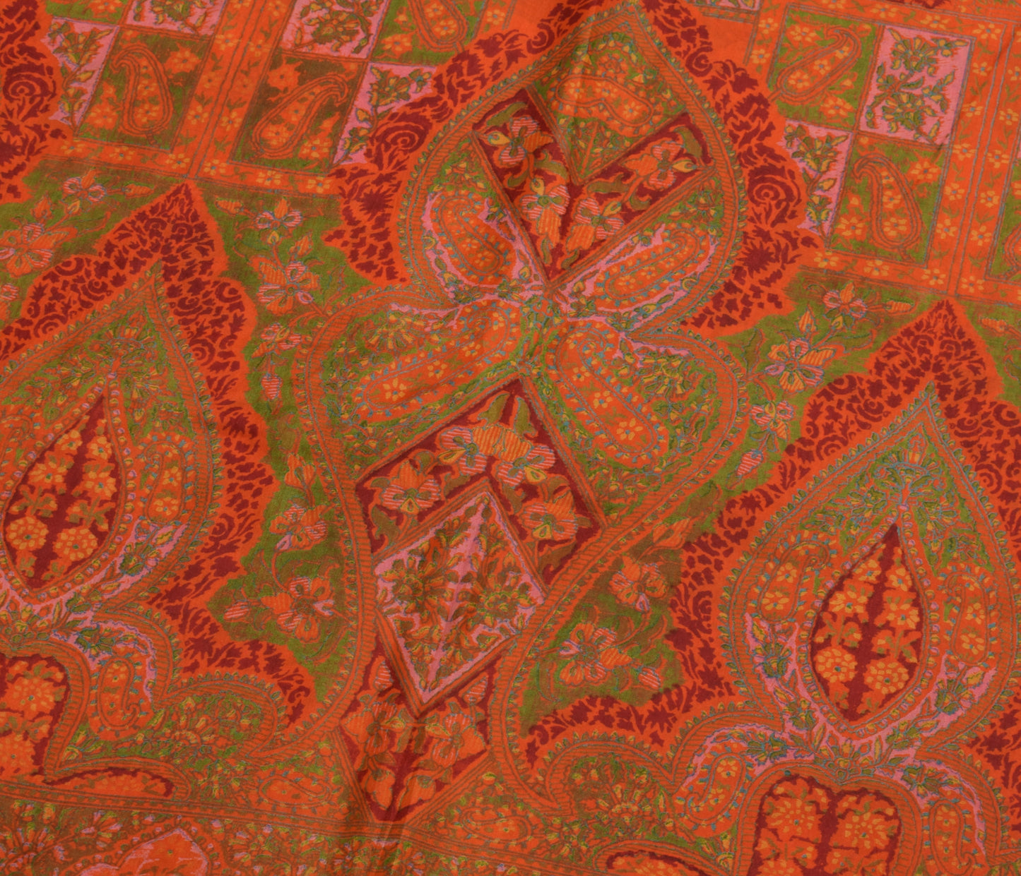 Sushila Vintage Orange Saree 100% Pure Silk Printed Floral Soft Craft Fabric
