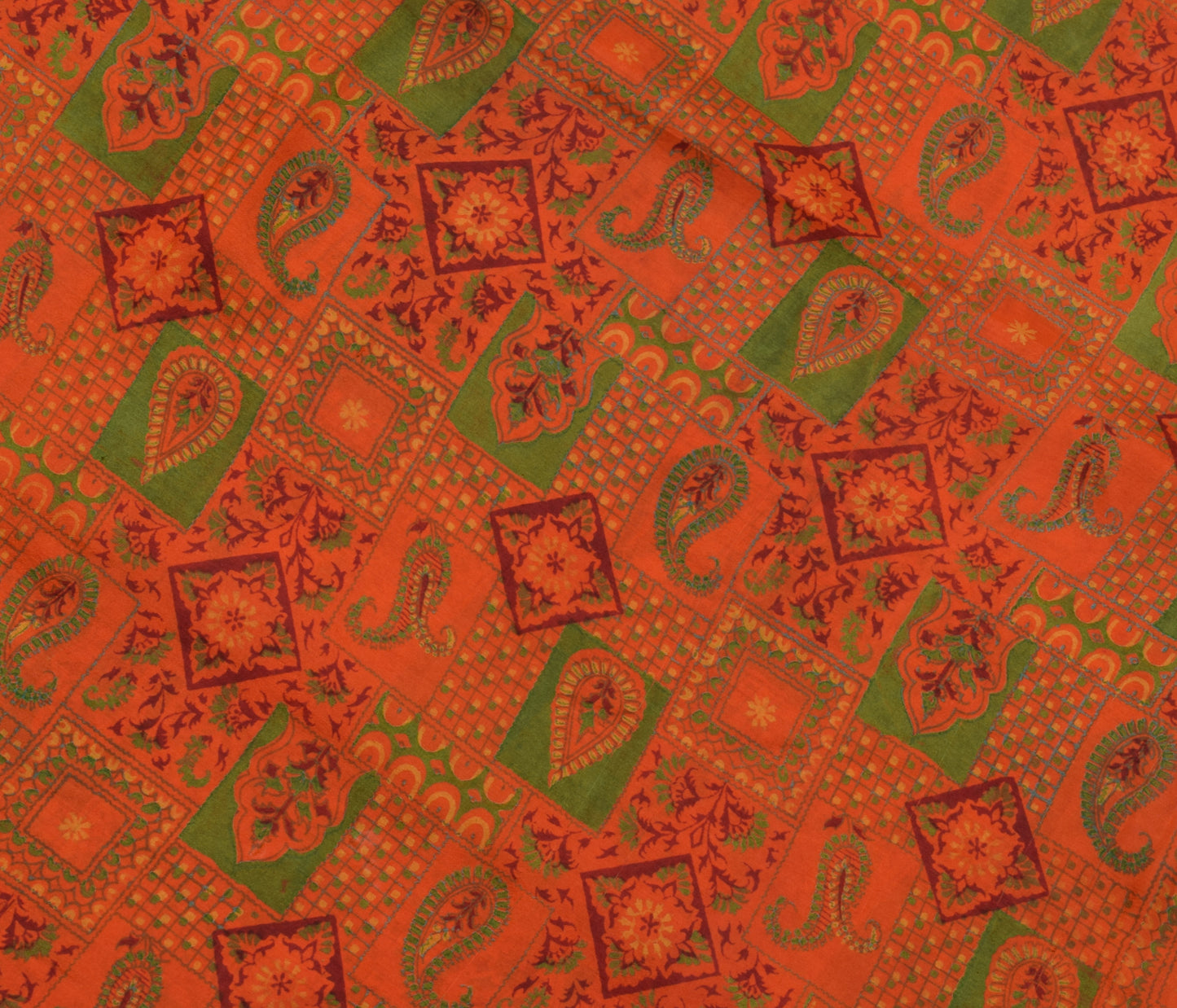 Sushila Vintage Orange Saree 100% Pure Silk Printed Floral Soft Craft Fabric