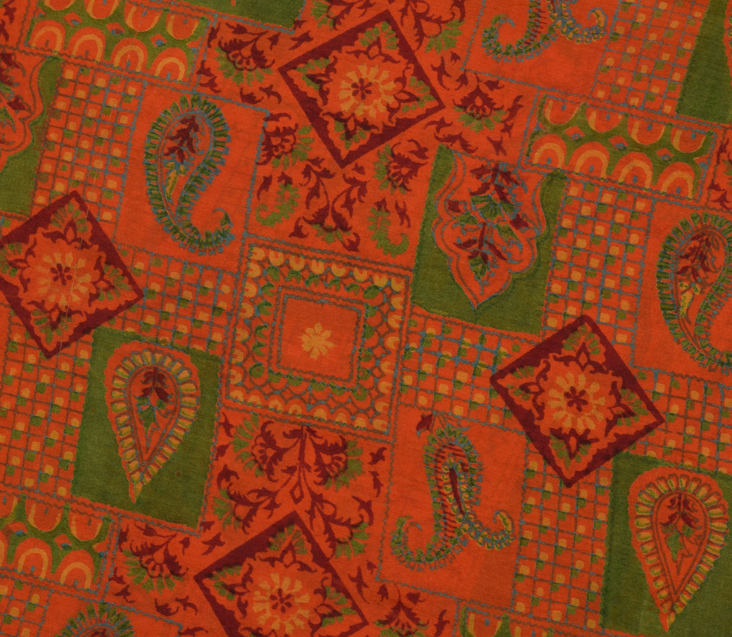 Sushila Vintage Orange Saree 100% Pure Silk Printed Floral Soft Craft Fabric