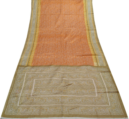 Sushila Vintage Orange Saree Blend Silk Printed 5 Yard Soft Craft Sari Fabric