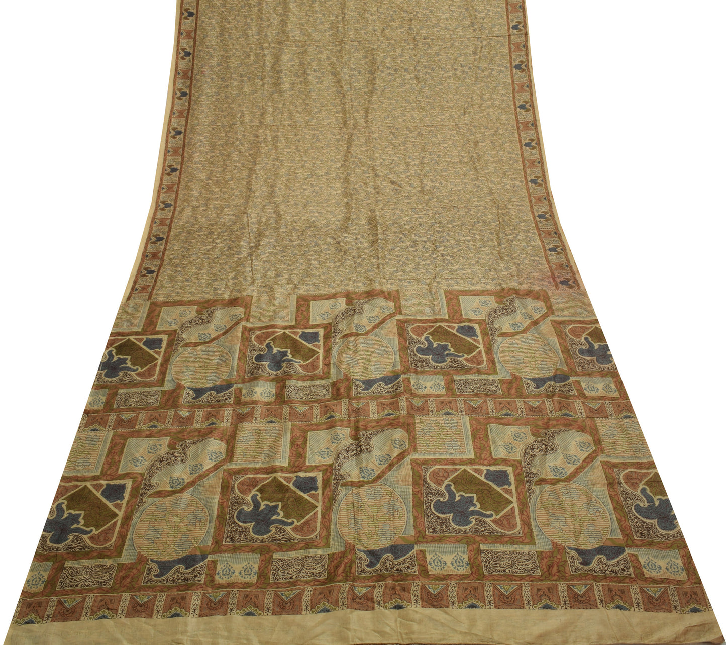 Sushila Vintage Light Brown Saree Pure Silk Printed Floral Soft Craft Fabric
