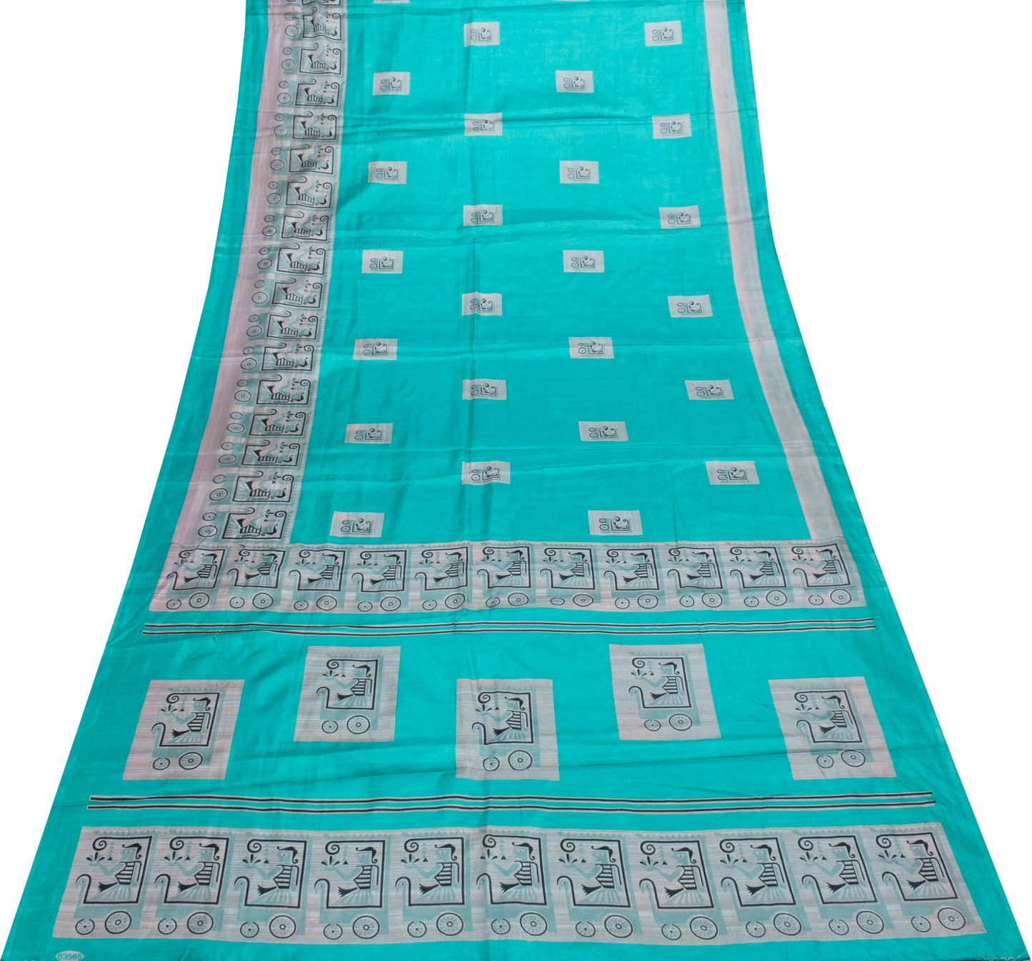 Sushila Vintage Indian Aqua Blue Saree Blend Silk Printed Soft Craft Fabric