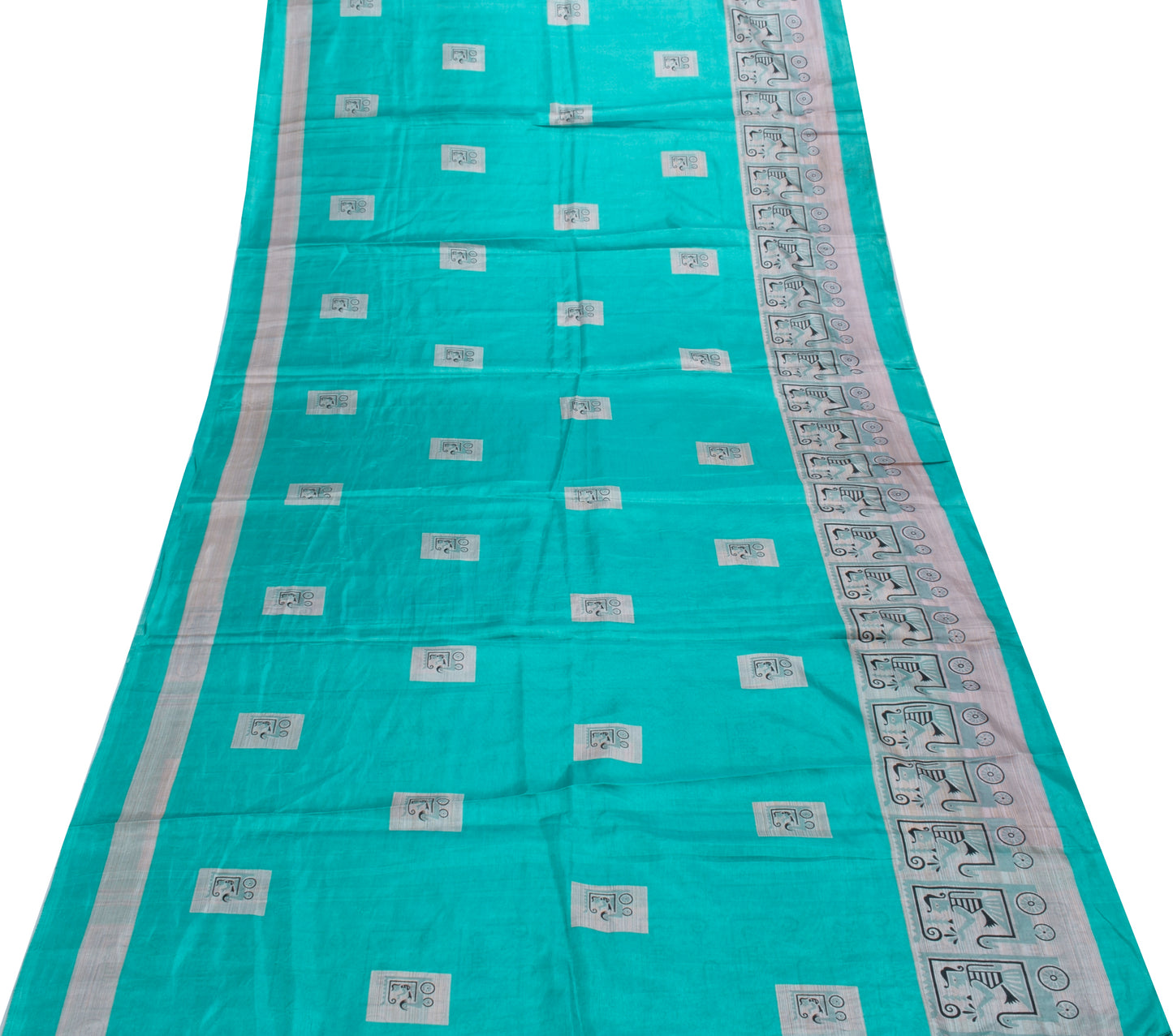 Sushila Vintage Indian Aqua Blue Saree Blend Silk Printed Soft Craft Fabric
