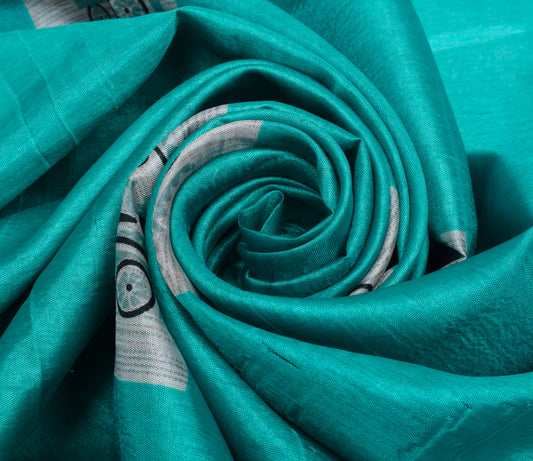 Sushila Vintage Indian Aqua Blue Saree Blend Silk Printed Soft Craft Fabric