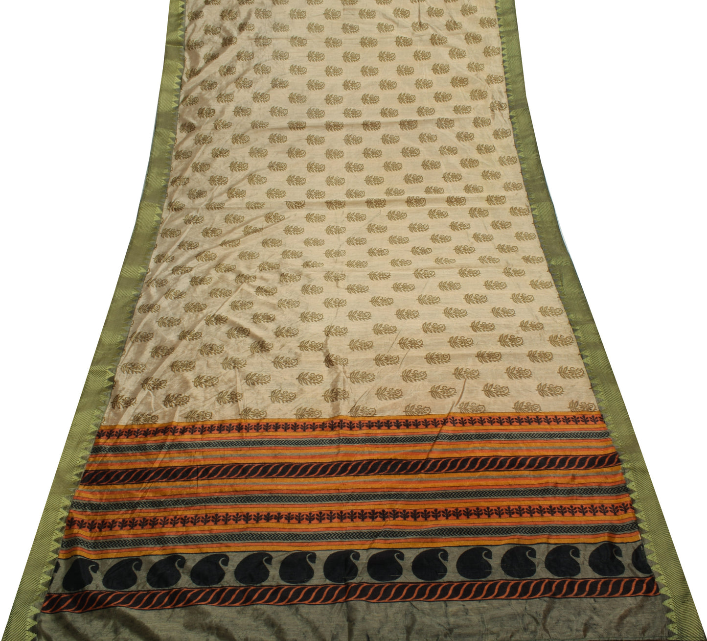Sushila Vintage Cream Saree Blend Silk Printed Floral Soft Craft 5 YD Fabric